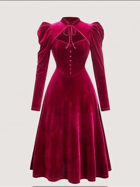 Women’s Red Velvet Fit-and-Flare Midi Dress Long Puffed Sleeve Size L
